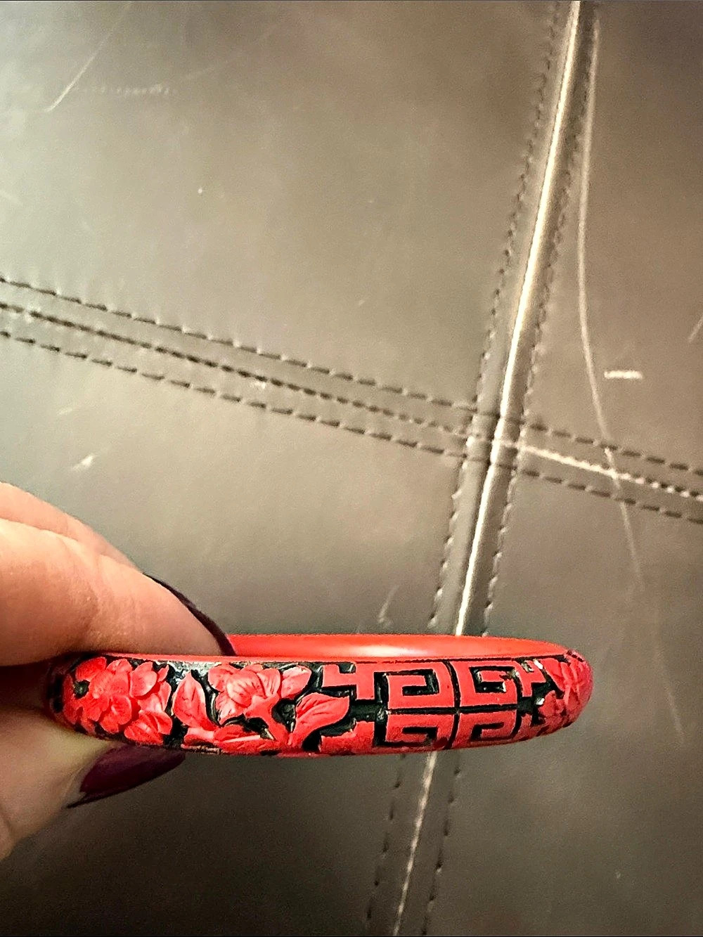 Wood Etched Red & Black Geometric Floral Bracelet